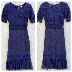 NWT $188 Sundance Midnight Gallery Lace Ruffle Trim Midi Dress Sz 2 Navy Blue